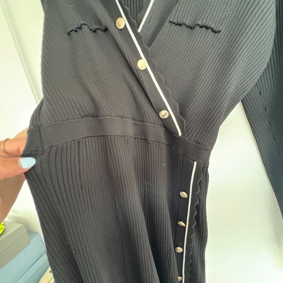 Self-Portrait Wrap Mini Dress Black Contrast Piping Ribbed Knit Chest Pockets - Picture 6 of 11